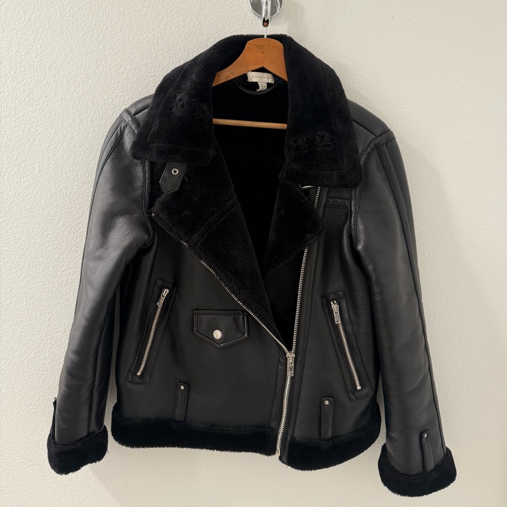 Topshop Faux Shearling Belted Moto Jacket
